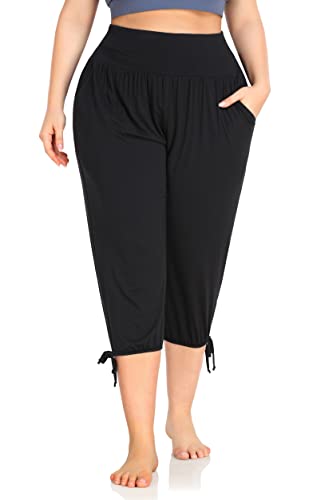 2X ZERDOCEAN Women's Plus Size Yoga Capri Pants Lounge Joggers with Pockets Black