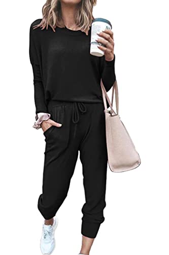 PRETTYGARDEN Airport Travel Outfit Women Fall 2-Piece Lounge Set - Black / Medium