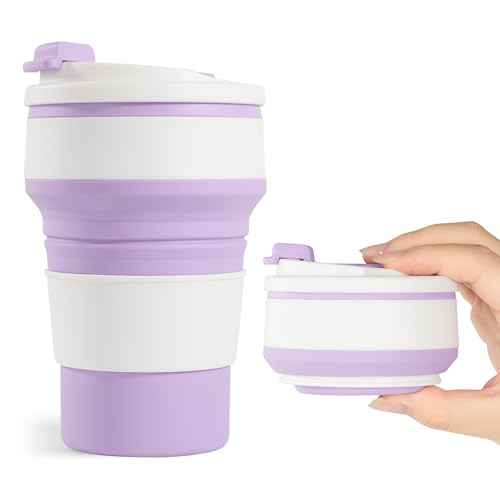 12oz Collapsible Cup for Traveling, Collapsible Silicone Travel Cup for Hot and Cold Drinks, Leak Proof Silicone Folding Travel Coffee Mug for Camping & Hiking, BPA Free Purple