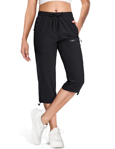Women's Black Medium Cargo Capri Pants with 5 Pockets - Lightweight Quick Dry UPF 50+ Summer Travel Golf Casual