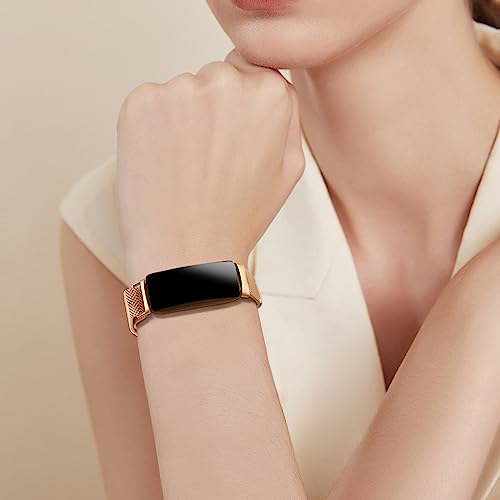 Rose Gold Metal Mesh Watch Band Compatible with Fitbit Inspire 3 & 2, Adjustable Strap