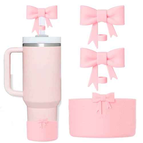 Pink Silicone Bow Straw Covers Cap Toppers+Boot Compatible with Stanley Cups,Cute 10mm Straws Topper Bottle Boots for 40oz Tumbler with Handle,Stanleys Cup Accessories Set,3Pcs