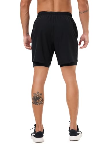 Men's 2-in-1 Athletic Running Shorts - Large Black, Quick Dry Workout Gym Shorts with Pockets & Liner