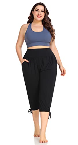 2X ZERDOCEAN Women's Plus Size Yoga Capri Pants Lounge Joggers with Pockets Black