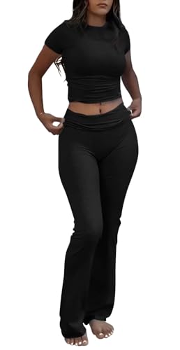 ZFLM Casual Workout Two Piece Outfits for Women Black Medium - Crop Top & Flare Pants Set