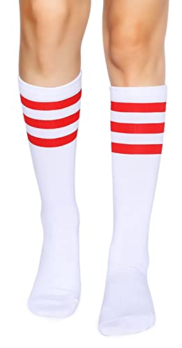 Henwarry Over the Calf Tube Socks - Classic Triple Stripes Cotton Retro Socks, One Size / A03-Red White