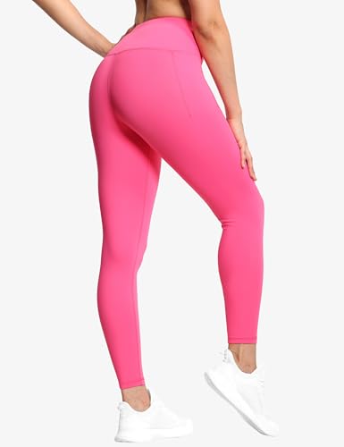 Women Tummy Control Yoga Leggings with Pockets - Full Length, Medium, Bright Pink