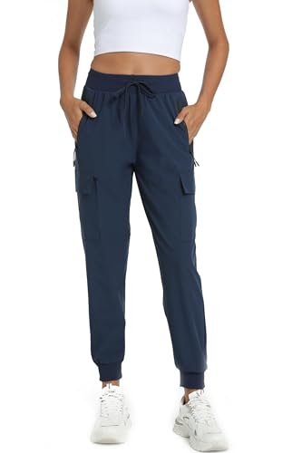 Women's Cargo Hiking Pants with 4 Pockets - Lightweight Water-Resistant, Large, Navy Blue