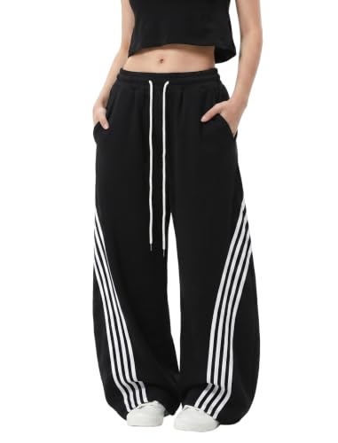 Women's Wide Leg Sweatpants Baggy Barrel Y2K Lounge Pants - Medium Black with White Stripes