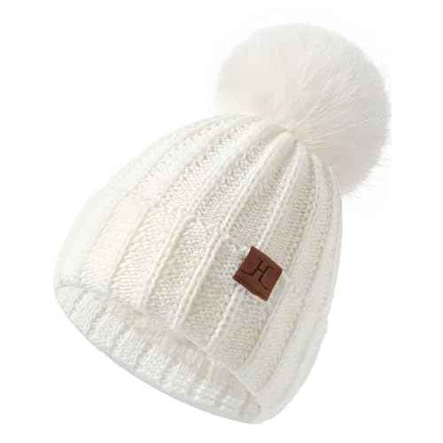 Womens Winter Hat with Pom Pom, Knit Fleece Beanie Hats for Women Cold Weather, Warm Toboggans Cap