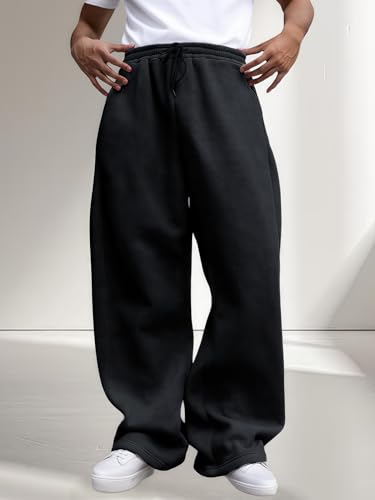 Men's Black Fleece Wide Leg Baggy Sweatpants with Elastic Drawstring Waist - Large