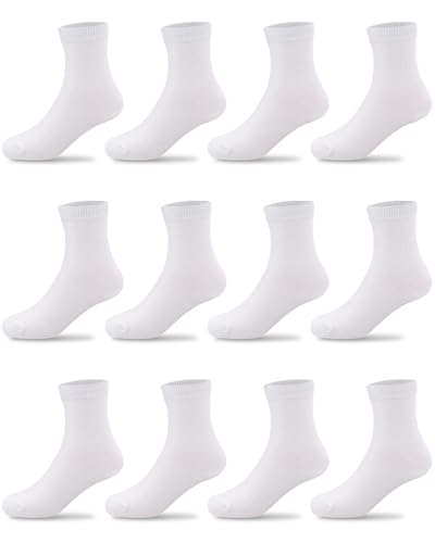 Duufin Girls Crew Socks 12 Pairs for Ages 4-15, White, 7-10 Years