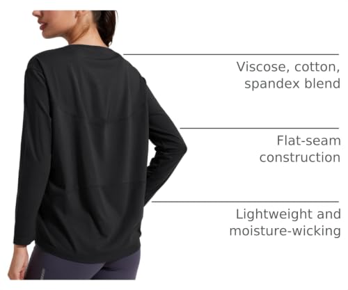 Women's Bamboo Viscose Long Sleeve Workout Shirt - Black, Large, Loose Fit Yoga Top