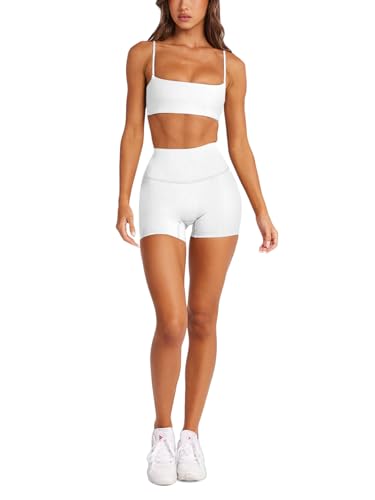 LASLULU Womens Spaghetti Straps Sports Bra Square Neck Workout Crop Top - Small White