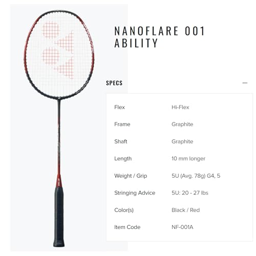 YONEX Nanoflare 001 Ability Badminton Racquet (Strung) - Graphite Frame Hi-Flex Slim Shaft Racket - Black/Red