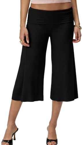 Women Foldover Gauchos Pants Small Black Wide Leg Culottes Cropped Bottom
