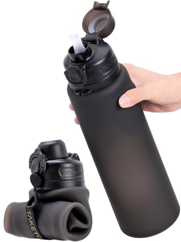 TakeToday Collapsible Water Bottle - 32oz Foldable Travel Water Bottle Black