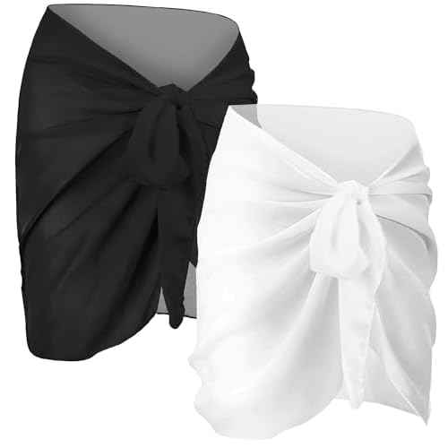 2pcs Beach Cover Up for Women, Chiffon Sarong Swimsuit Coverup for Pool, Summer Resort Wear Black White