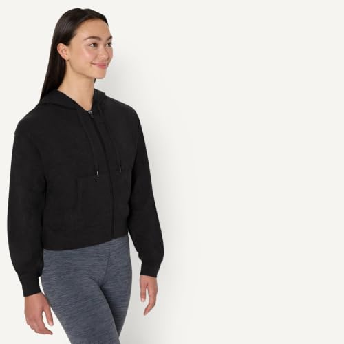 Women's Athletic Lightweight Cropped Zip Up Hoodie - Medium, Space Dye Black
