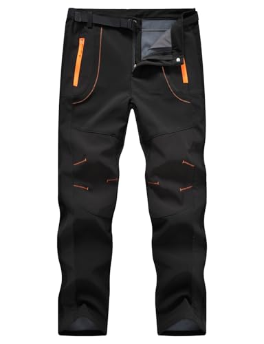 Men's Waterproof Snow Ski Hiking Pants Fleece Lined with Belt - Large, 3 Zip Pockets, Black