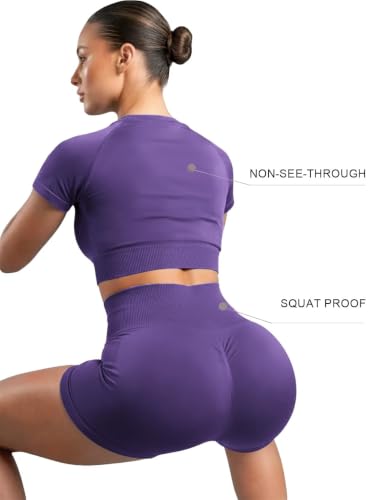 Inno Seamless Workout Sets for Women - Purple Medium Crop Top & Biker Shorts