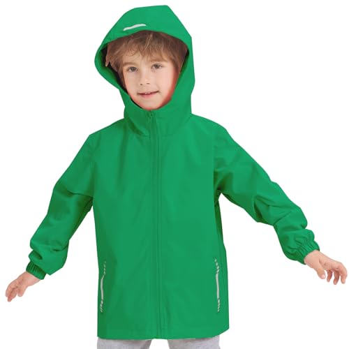 Kids Waterproof Rain Jacket - Green, 11-12 Years, Lightweight Windbreaker Hooded