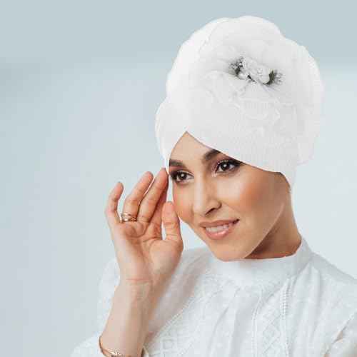 Bohend Flower Turbans Cap Pearl Knot Headwarp Beanie Pre Tied Head Cover Bonnet Women Muslim Stretchy Pleated Headscarf Hat