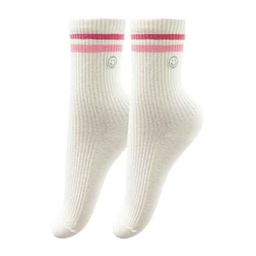 Womens Solid Color Two Stripe Crew Socks Casual Athletic Smiling Face Ankle Socks for women Girls
