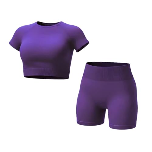 Inno Seamless Workout Sets for Women - Purple Medium Crop Top & Biker Shorts
