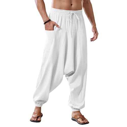 Runcati Mens Harem Pants Baggy Hippie Casual Cotton Linen Loose Boho Yoga Beach Drop Crotch Trouser