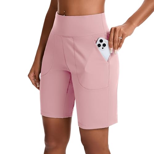 Women’s Bermuda Shorts with Zipper Pocket, High Waist, Long Fit - Pink, Medium