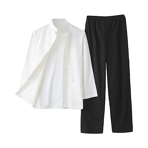 Men's Cotton Kung Fu Uniform Set - White & Black, Medium