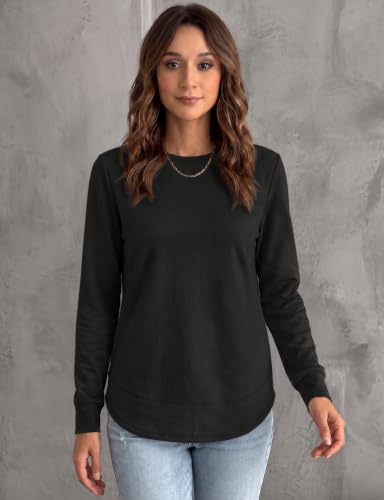AURUZA Women's Long Sleeve Crewneck Sweatshirt Black Large Fall Casual Loose Fit Pullover