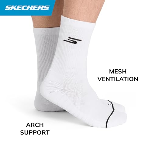 Skechers Men's 3-Pack Performance Pickleball Crew Socks - Odor Control & Mesh Ventilation - Size 10-13 - White