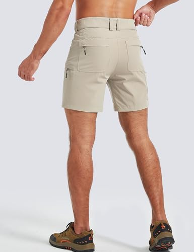Mens 7 Inch Inseam Water-Resistant Cargo Shorts with Elastic Waist - Large Khaki