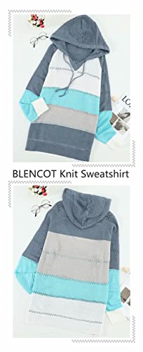 Women's Striped Crochet Fall Hoodie Sweater Large Blue Casual Knitwear