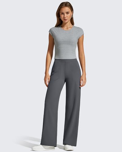 G4Free Ribbed Knit Wide Leg Pants Women with Pockets 32-Inch Inseam Dark Gray