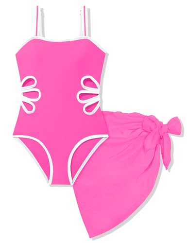Pink Girls Swimsuit 2PCS Set - Adjustable Straps & Cover Up Skirt, 13-14 Years
