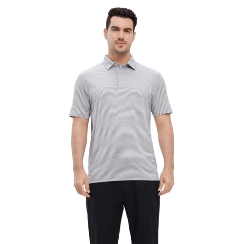 Men's Short Sleeve Striped Golf Polo Shirt - Moisture-Wicking, Dry Fit, Large Grey White Stripe