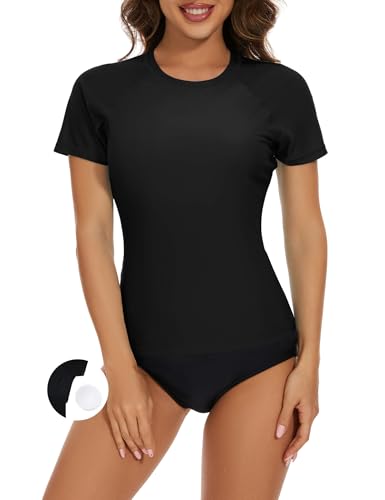 Women's Short Sleeve Rash Guard with Built-In Bra Swim Shirt - Medium Black