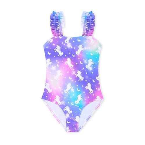 Girls Swimsuits One-Piece Bathing Suits Summer Kids Beach Swimwear Suits with Adjustable Strap Quick Dry Rainbow Unicorn