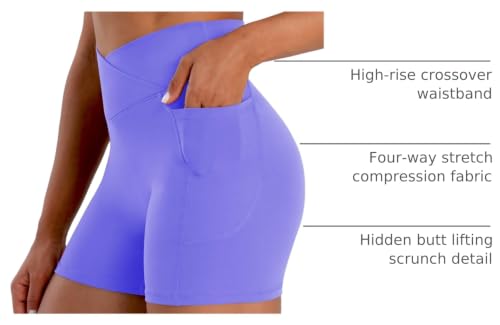 Sunzel Women's High Waist Crossover Biker Shorts with Pockets - 4 Inch Inseam, Medium, Periwinkle