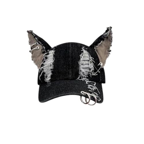Cat Ear Baseball Cap Iron Ring Trucker Hat Women Caps Distressed Denim Baseball Cap Grunge Aesthetic Hat