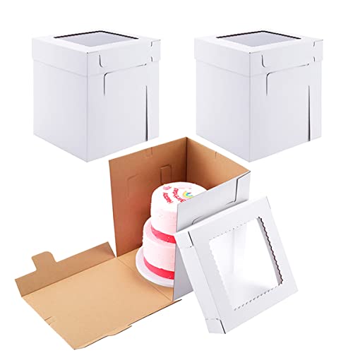 Tall Cake Boxes 10x10x12 Inch 3 Pack with Transparent Top Window, Recyclable Kraft Cardboard, Adjustable Height for Tier Cakes & Gifts