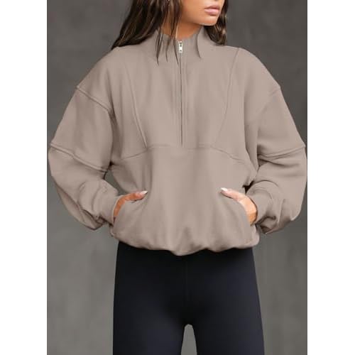BLENCOT Women Half Zip Oversized Sweatshirts Long Sleeve Fleece Trendy Cropped Pullover Workout Warm Tops With Pockets S-2XL