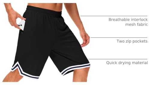 Men's 11-Inch Basketball Shorts with Zipper Pockets - Large, Black, Athletic Gym Wear