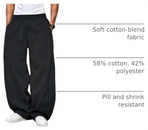 Men's Black Fleece Wide Leg Baggy Sweatpants with Elastic Drawstring Waist - Large