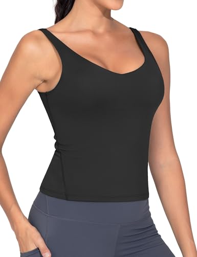Women's Longline Sports Bra Wirefree Workout Yoga Tank Top - Medium Black