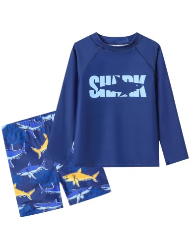 Boy Rash Guard Sun Protection Long Sleeve Swimsuit 3-12Y - Navy Shark Letter, 9-10 Years