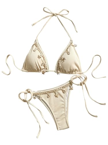 Verdusa Women's 2 Piece Bikini Set Small Beige Halter Triangle Swimsuit